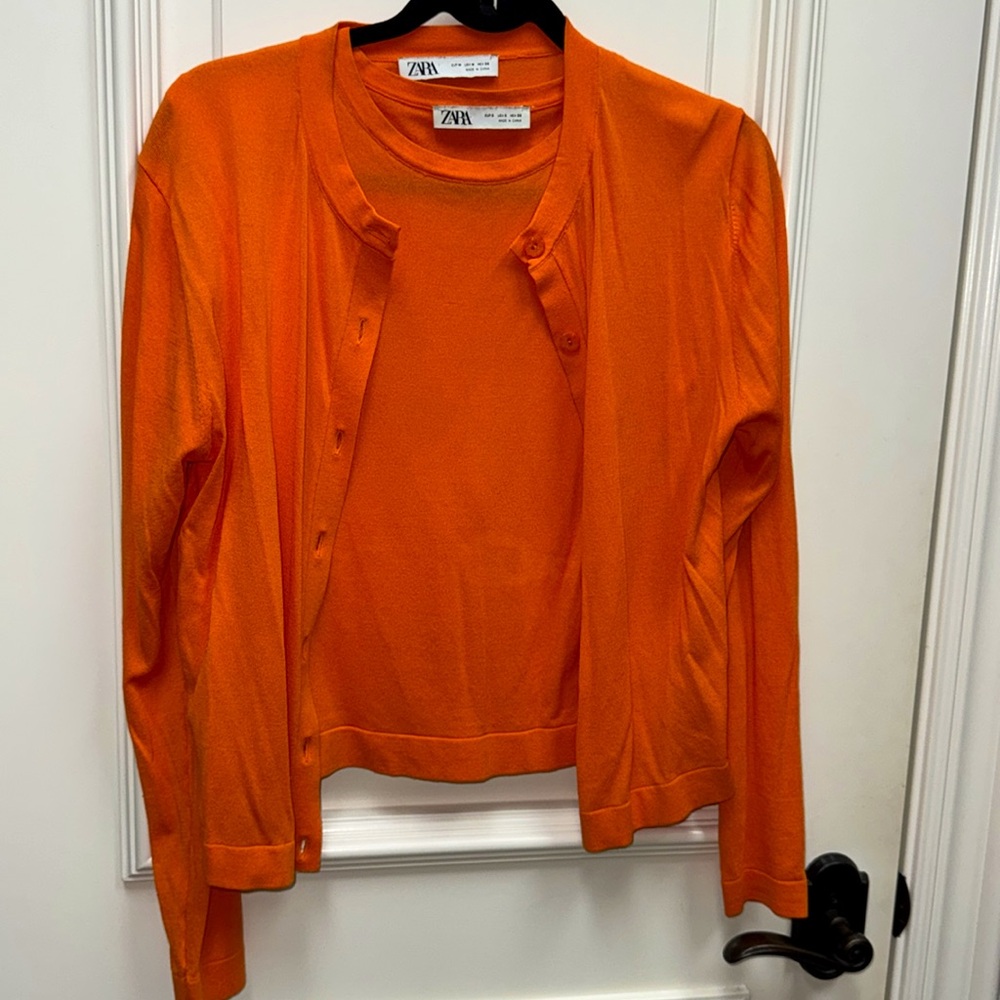 Zara Orange knit sweater cardigan set outfit twinset tank top 2 piece grandpa - Picture 3 of 4